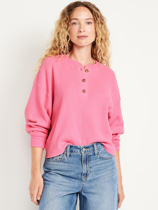 Oversized Cozy Waffle Henley Top | Old Navy (US)
