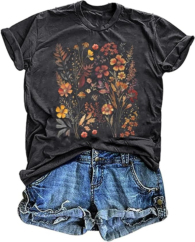 Women's Vintage Floral T Shirt Boho Wildflower Graphic Loose Tees Short Sleeve Casual Tops | Amazon (US)