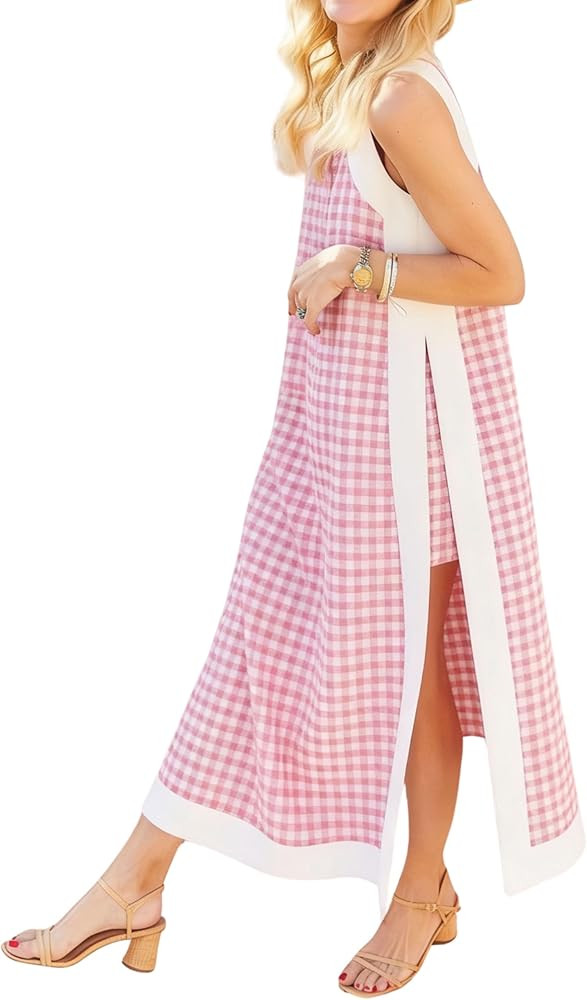 Hooever Women's Plaid Two Piece Sets Casual Summer Sleeveless Gingham Maxi Dress Matching Shorts | Amazon (US)