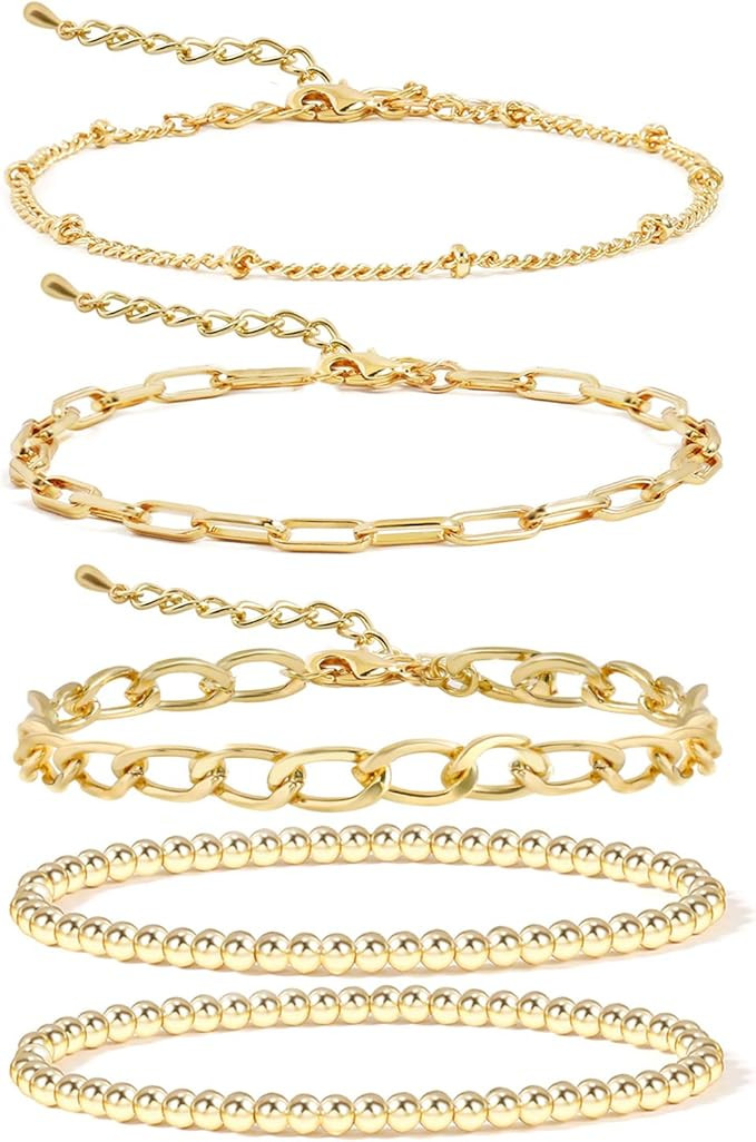 14K Gold Beaded Bracelets for Women,Dainty Gold Plated Chain Link Bracelet Stretchable Adjustable... | Amazon (US)