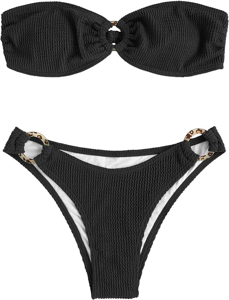 ZAFUL Women O Ring Bandeau Bikini Set, Strapless Swimsuit Tie Bikini High Cut 2 Pieces Bathing Su... | Amazon (US)
