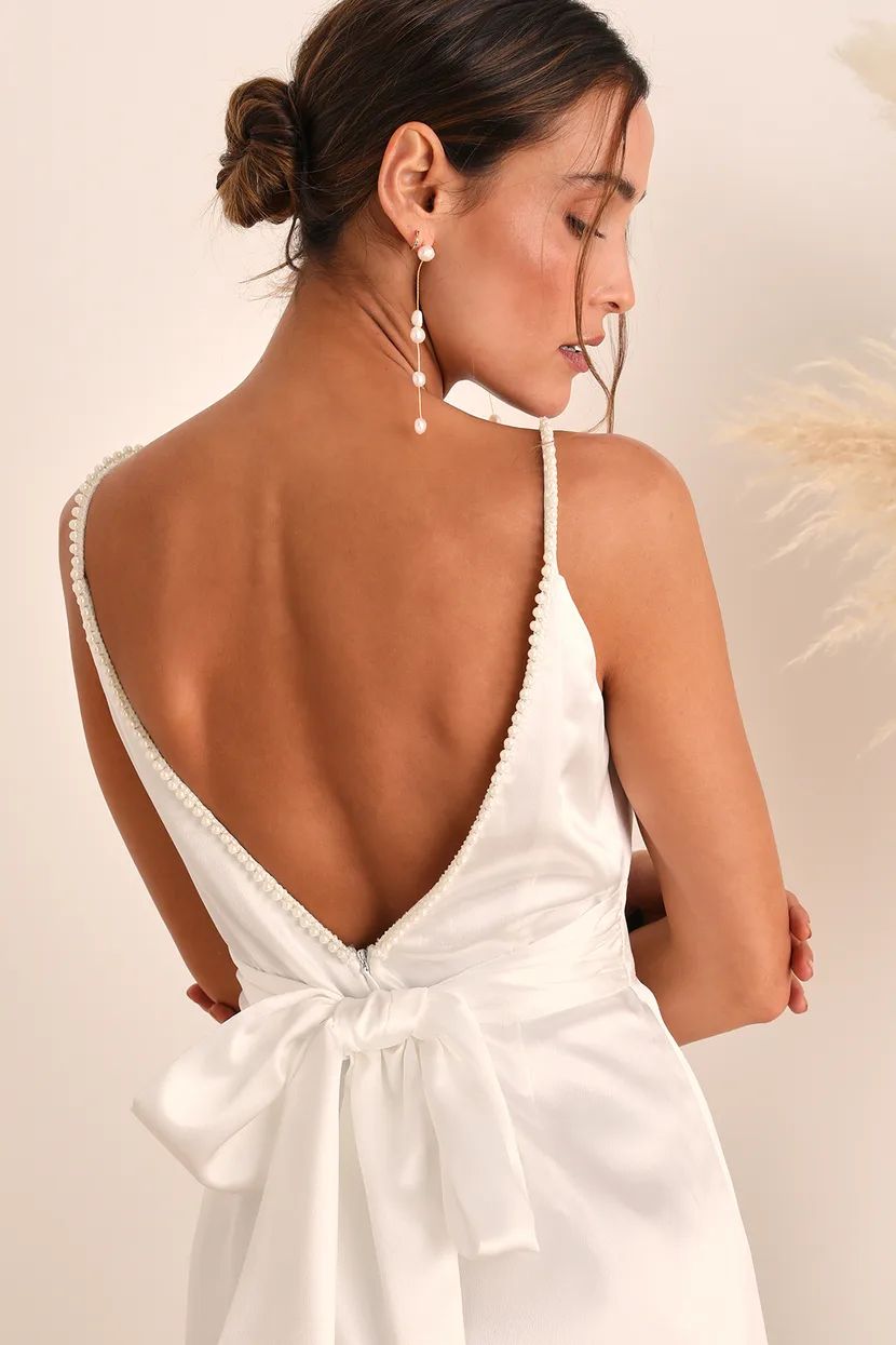 Ready For Forever White Satin Pearl Tie-Back Maxi Dress | Lulus (US)