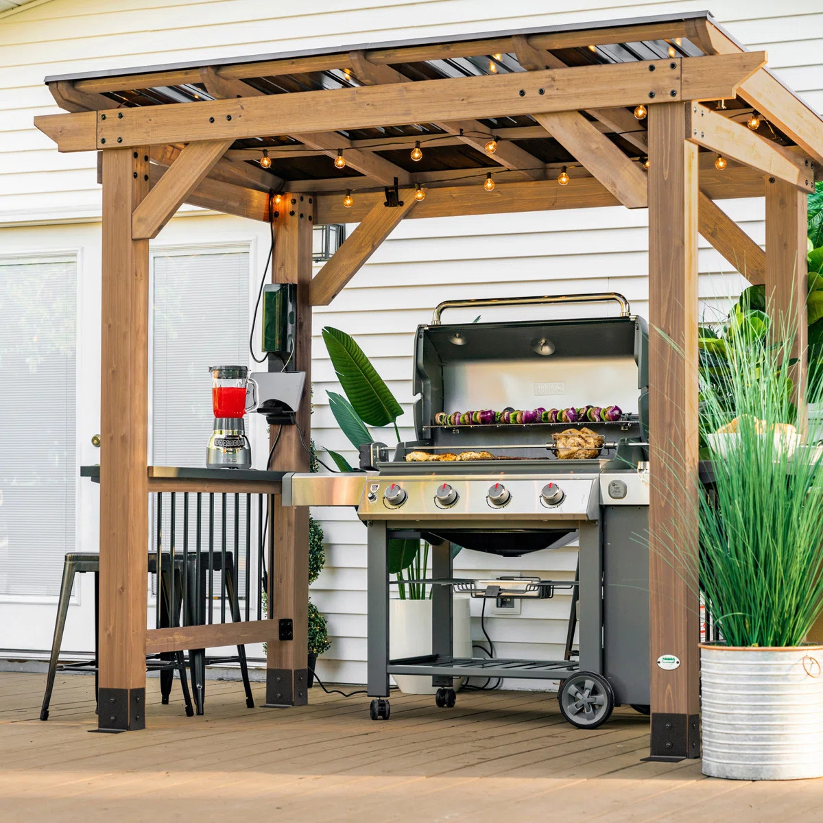 Backyard Discovery Saxony 8' x 5' Cedar Wood Outdoor BBQ Grill Gazebo with Hardtop Galvanized Ste... | Wayfair North America