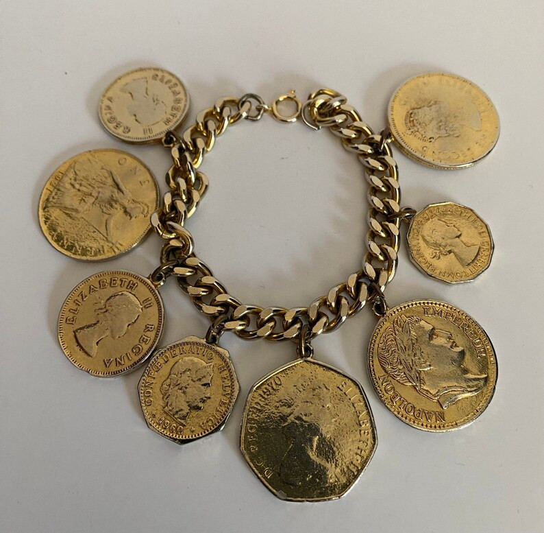 Vintage Goldtone 60s' Faux Coin Charm Bracelet England, France - Etsy | Etsy (US)
