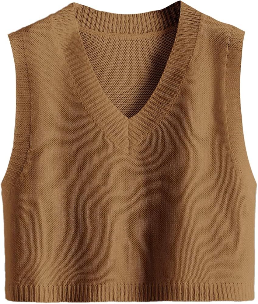 Romwe Women's Knit Sweater Vest Women Crop Y2K Sweater Vests V Neck Sleeveless JK Uniform Pullover K | Amazon (US)