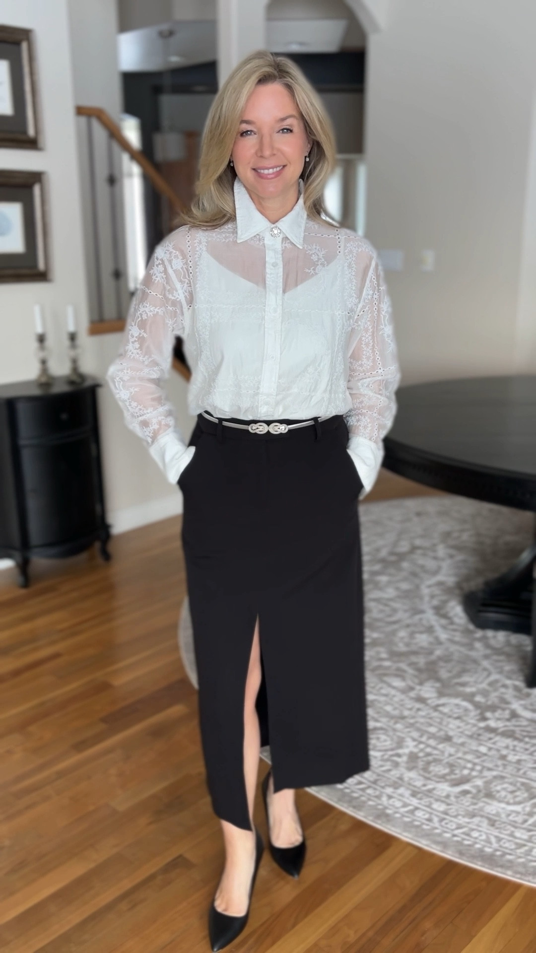 This white semi sheer embroidered eyelet button down shirt is so feminine and pretty. 

It pairs well with this black midi pencil skirt. The slit down the front is very eye catching and elegant.

This is a great office look or going out. 

#LTKootd #LTKWorkwear #LTKPetite
