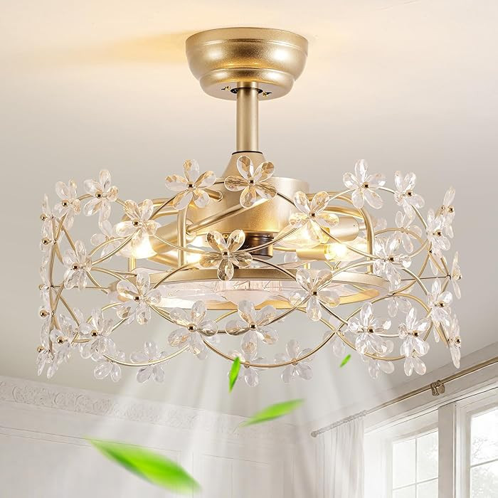 20" Gold Fandelier Ceiling Fan with Light, Flower Crystal Chandelier Ceiling Fan with Light and R... | Amazon (US)