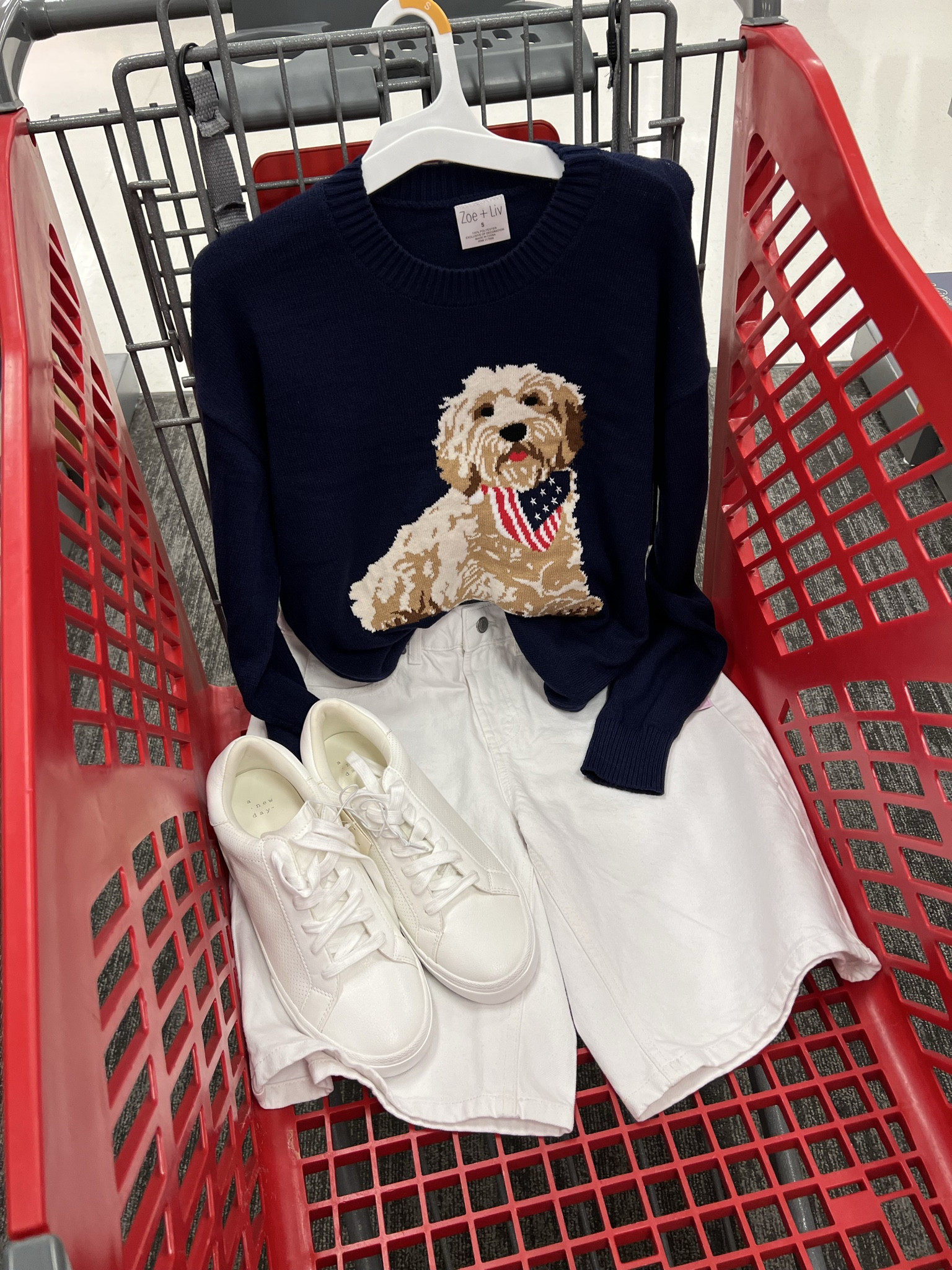 Patriotic puppy dog sweater at Target paired with white long denim shorts and sneakers (sneakers are in store only). #targetstyle 