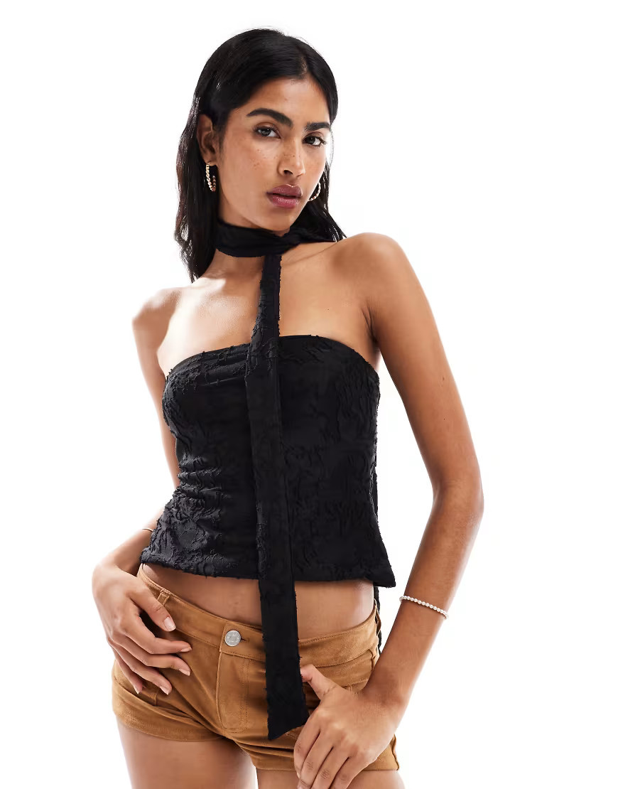 Miss Selfridge burnout textured bandeau scarf top in black | ASOS (Global)