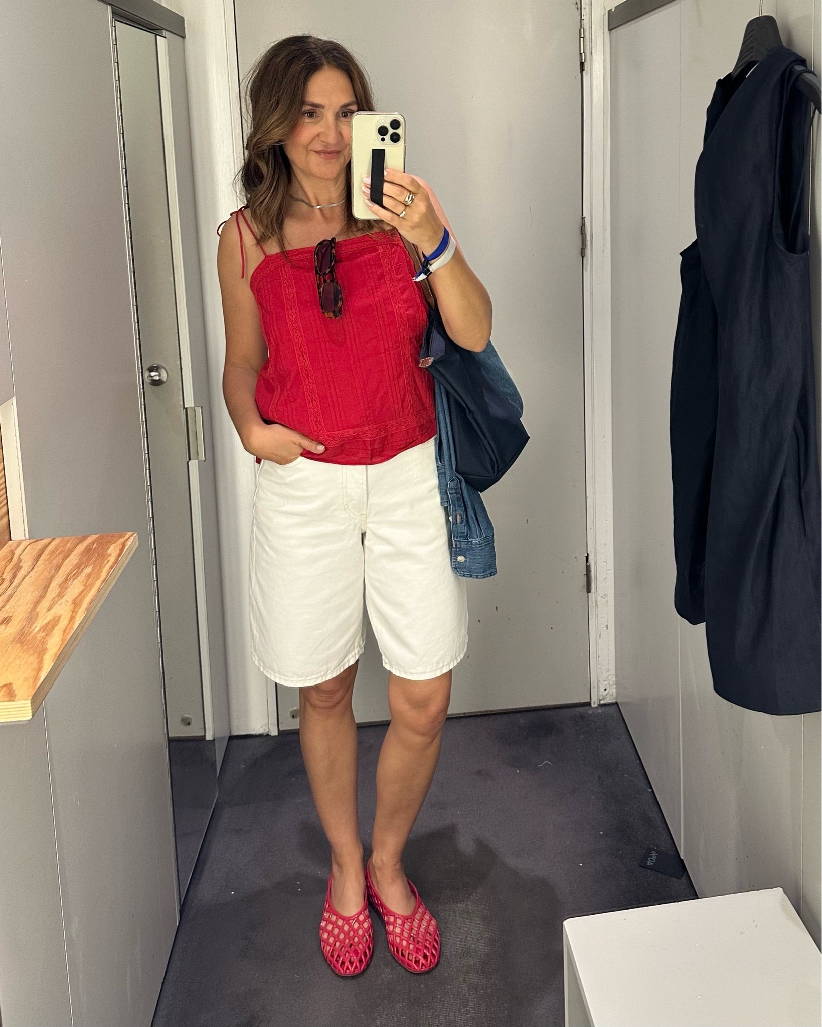 Shopping outfit!
I’m 5’ 7” size 4ish wearing my usual size S in this embroidered tie strap top. Bermuda shorts and lattice jelly flats are sold out but I linked similar.

#LTKootd #LTKOver40 #LTKTall
