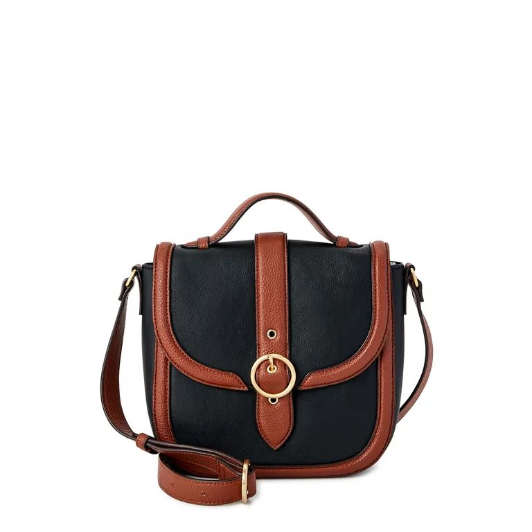 Time and Tru Women's Dana Flap Top Handle Crossbody Handbag Black and Cognac - Walmart.com | Walmart (US)