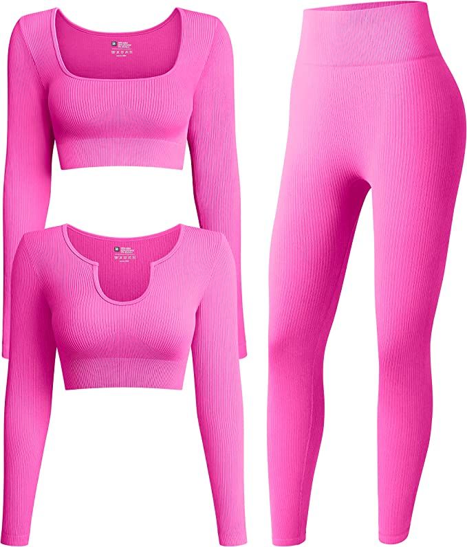 OQQ Women's 3 Piece Outfits Ribbed Exercise Long Sleeve Crop Tops Workout High Waist Leggings Yog... | Amazon (US)