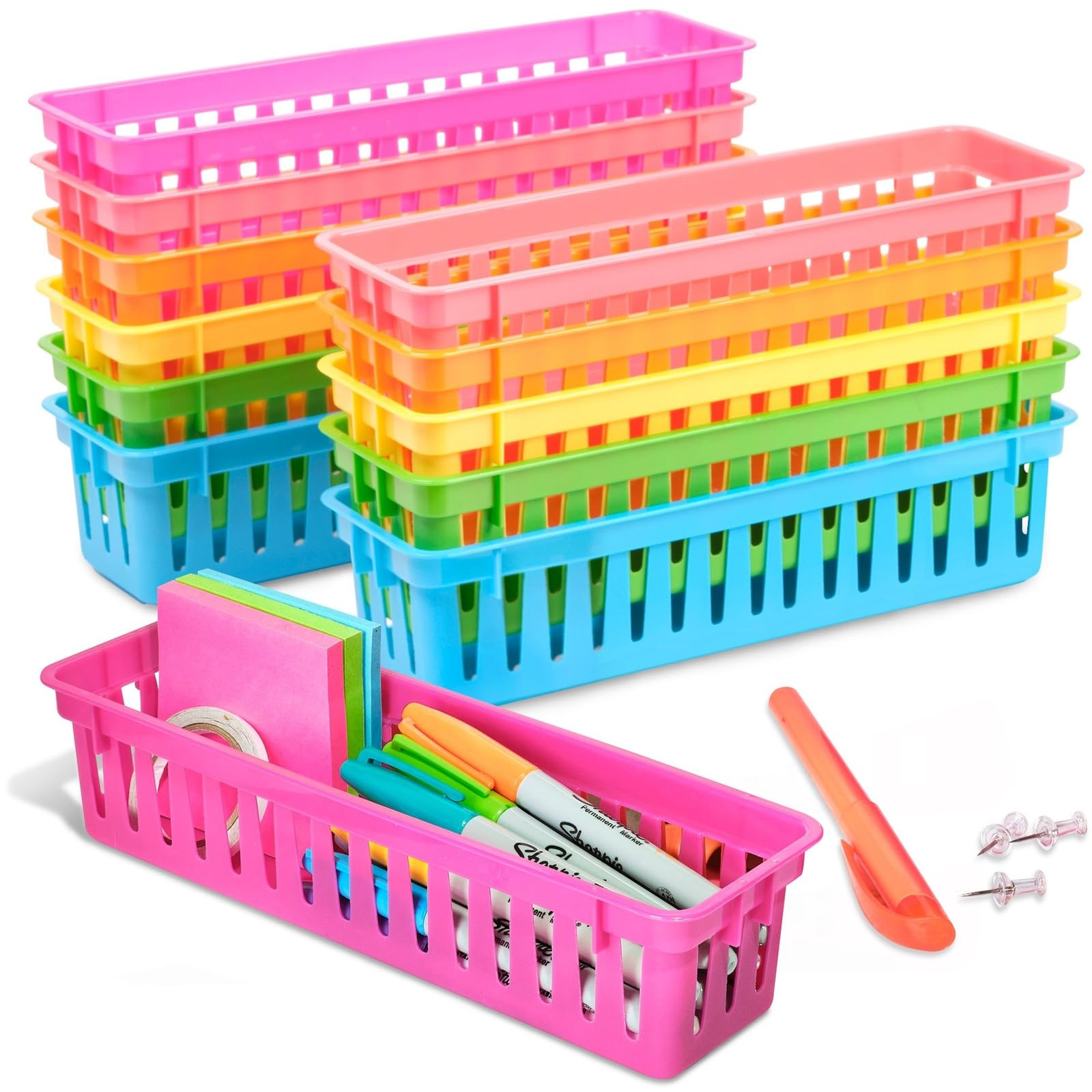 Juvale 12-Pack Pencil Holder Trays and Organization Baskets - Plastic Caddy for Desk and Elementary Teacher Supplies for Classroom Decoration (Rainbow) | Amazon (US)