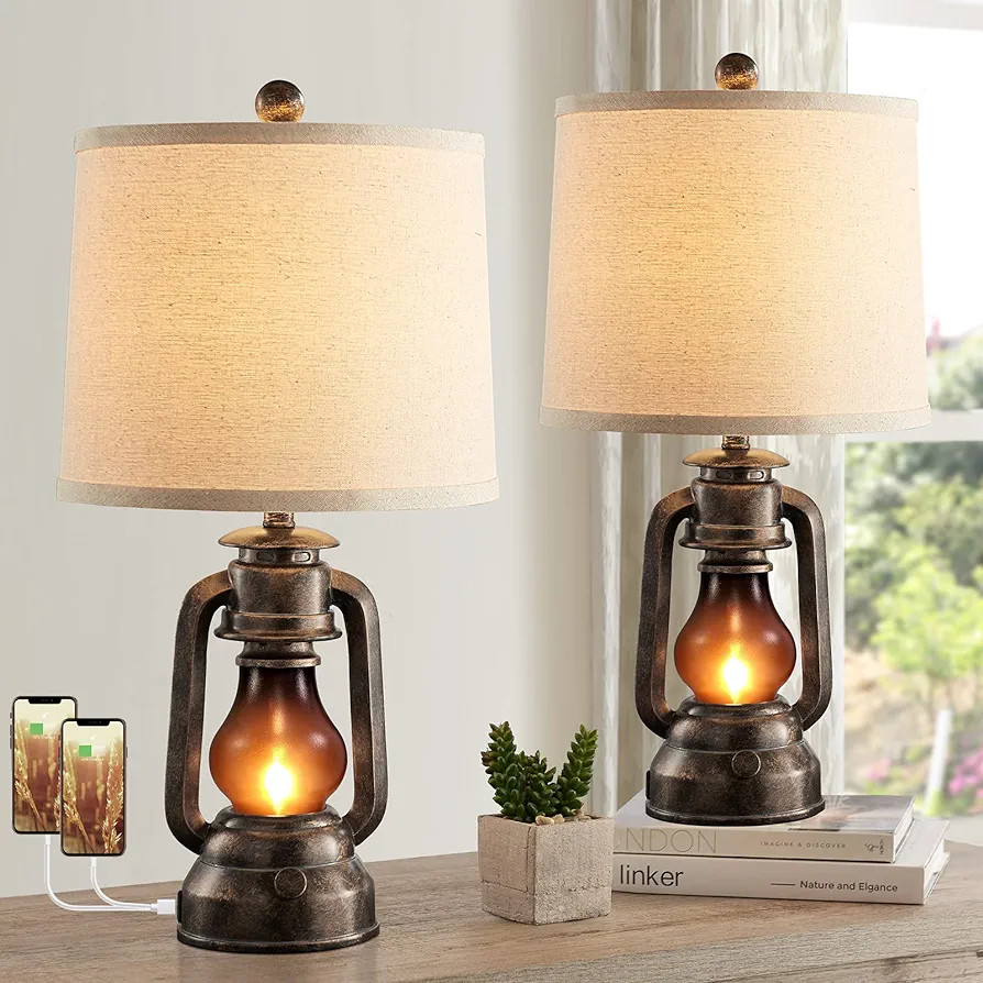Farmhouse Lantern Table Lamps for Living Room Set of 2, Vintage Bedroom Resin Lamp with Dual USB ... | Amazon (US)
