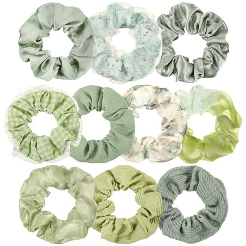 Yuxung 10 Pcs Hair Scrunchies for Women Satin Silk Scrunchies Fluffy Fuzzy Flower Plaid Bubble Hairties Bulk Elastic Hair Accessories Scrunchies for Teens Girls(Sage Green) | Amazon (US)