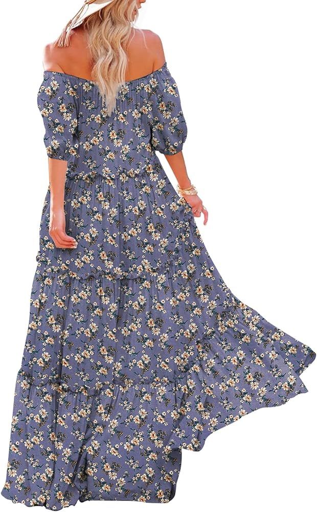 YESNO Women's Summer Casual Off Shoulder Maxi Dress Puff Short Sleeve Bohemian Floral Long Swing ... | Amazon (US)