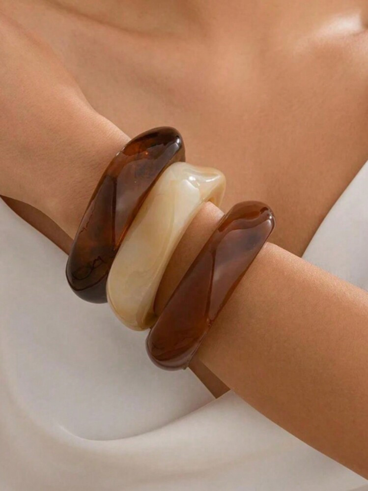 Juego De 3 Pulseras De Acrílico Asimétrico, Transparente, Cuadrado Extra Grande Para Mujeres, Multicolor, Hechas A Mano (Con Pequeñas Marcas Superficiales) | SHEIN