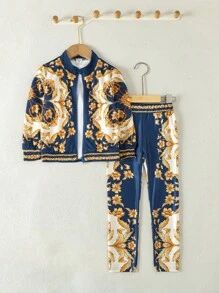 SHEIN Kids SUNSHNE Young Girl Floral Print Jacket & Pants | SHEIN