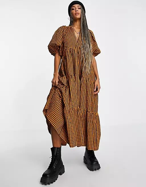 Topshop recycled blend check midi tiered dress in mustard | ASOS (Global)