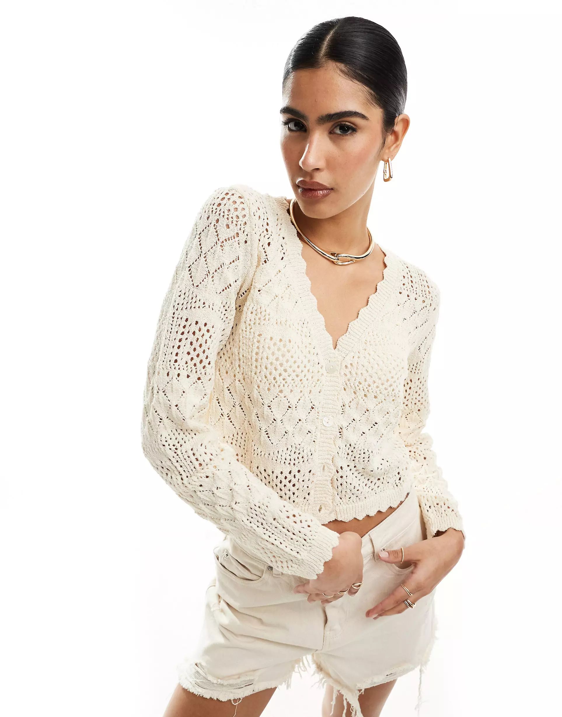Vero Moda lightweight crochet cardigan in cream | ASOS (Global)