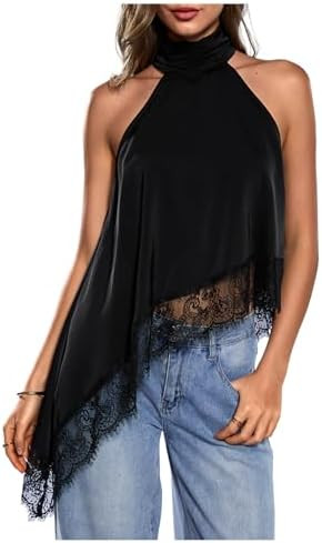 Milumia Women's Halter Neck Sleeveless Top Lace Asymmetrical Hem Summer Going Out Tank Tops | Amazon (US)
