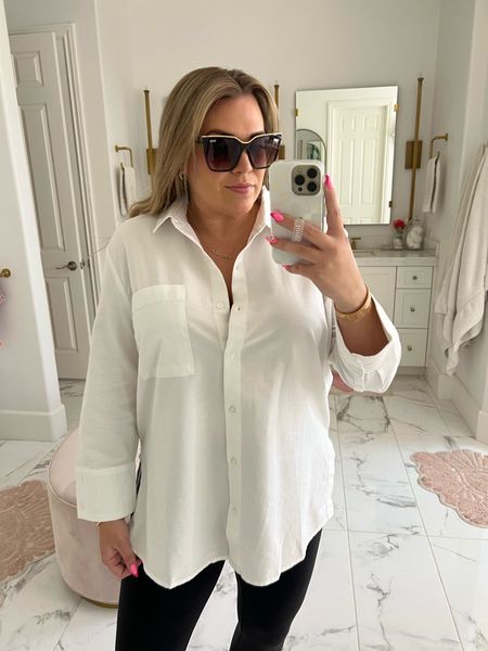 curvy casual fall look from the Nordstrom Anniversary Sale! wearing size large in oversized white button down shirt! linking similar leggings and ballet flats on sale 

#LTKcurves #LTKxNSale #LTKunder50