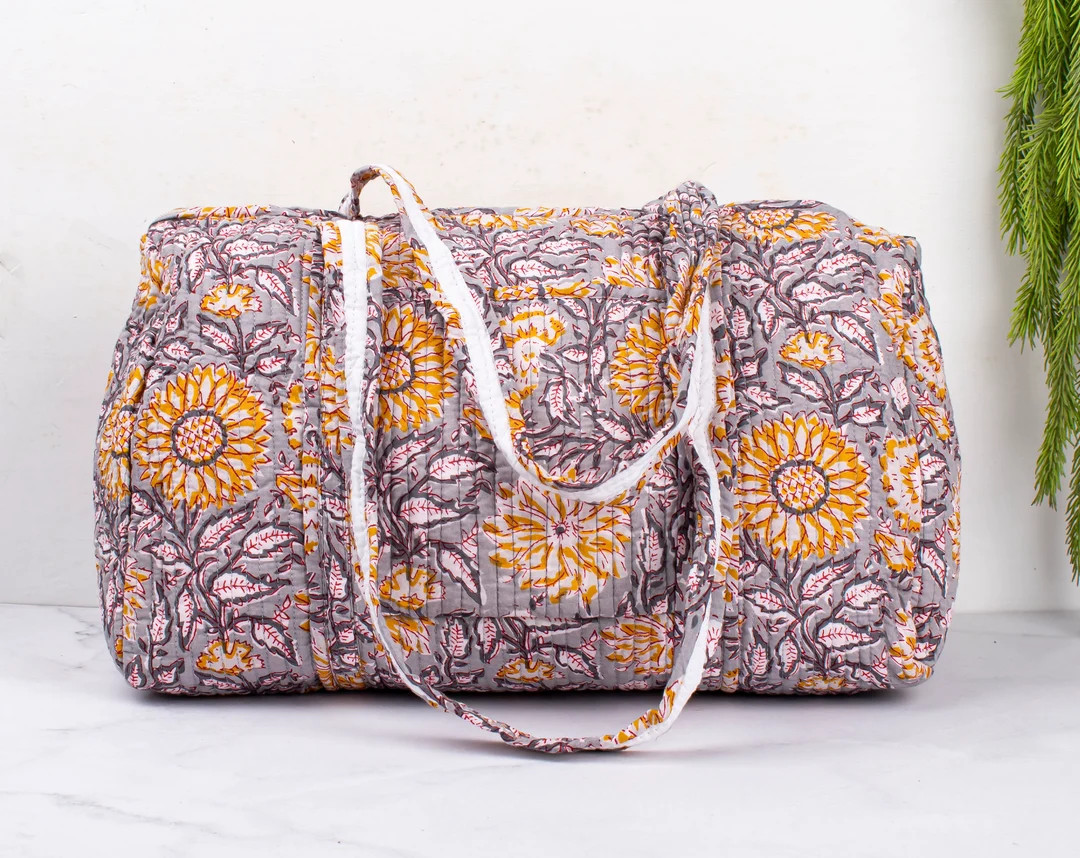 Eco-friendly Cotton Quilted Duffle Bag Handmade Block Printed Women Gift, Grocery, Over Night Tra... | Etsy (US)