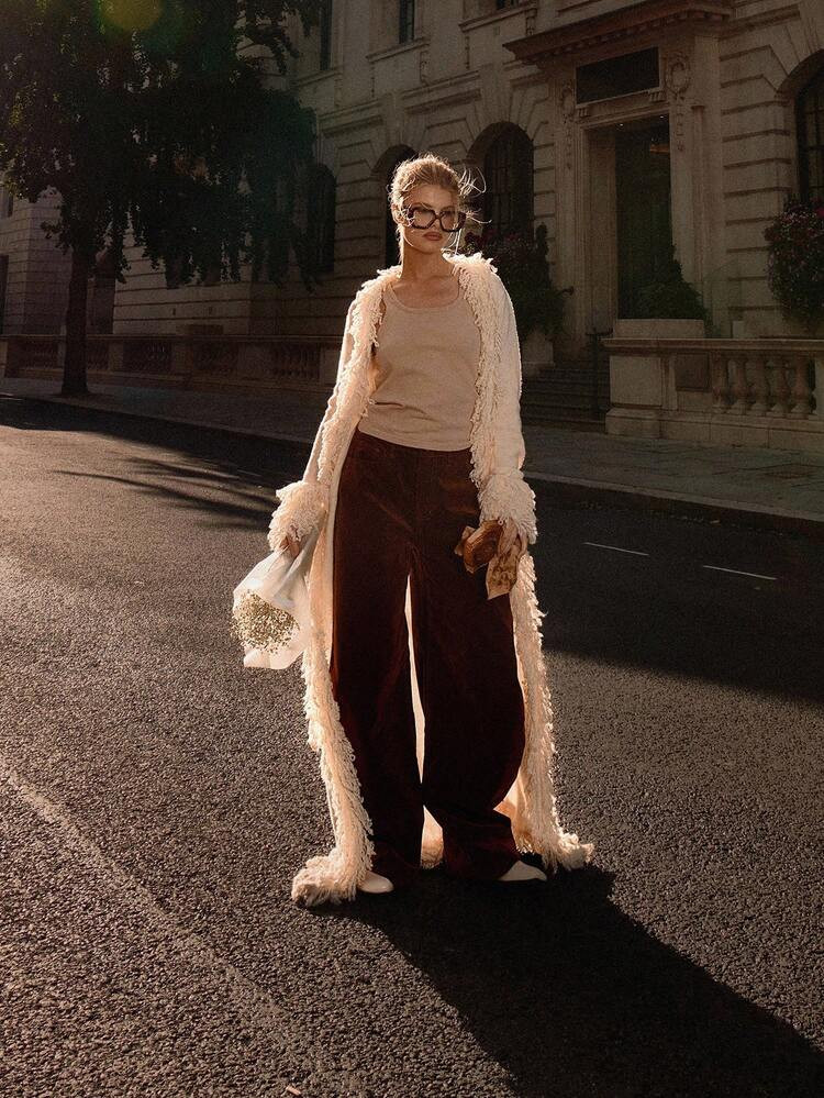 MUSERA Knitted Longline Maxi Cardigan Fringe Knit Fur Trim Streetwear Classy Casual Sexy Going Out Fall Autumn Toffee | SHEIN