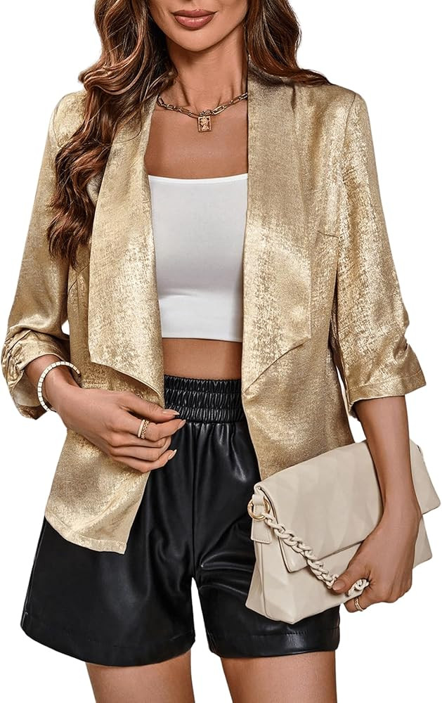 WDIRARA Women's Elegant Metallic Open Front Blazer 3/4 Sleeve Shawl Collar Party Jacket | Amazon (US)