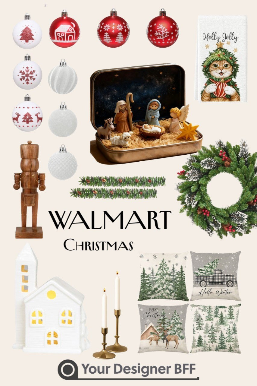 Walmart Christmas Finds 🎄✨Cozy, classic Christmas décor finds all from Walmart. Featuring red and white ornaments, a charming tabletop nativity set, festive wreaths and garland, and a traditional wooden nutcracker. Love the soft holiday throw pillows, glowing ceramic house, brass taper holders, and whimsical holiday tea towel for easy seasonal charm. Perfect mix of traditional, cozy, and nostalgic pieces to make your home feel warm and festive this Christmas.

#LTKHoliday #LTKSeasonal #LTKHome