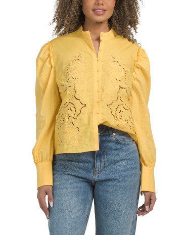 Long Sleeve Embroidered Mock Neck Button Down Top For Women, Cotton | TJ Maxx