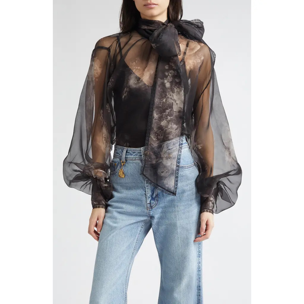 Zimmermann Hypnotic Pussy Bow Organza Top in Ghost Floral at Nordstrom, Size 0 | Nordstrom