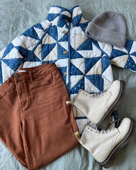 Boho outfit for fall 🍂 I can’t tell you how many compliments I’ve gotten on the quilted jacket by Sezane 🥰🩵Brown leg pants are a Kohl’s find that are SO much comfier than jeans. Doc martens pascal boots outfit. Lululemon ribbed beanie. 

#LTKshoecrush #LTKfindsunder100 #LTKover40