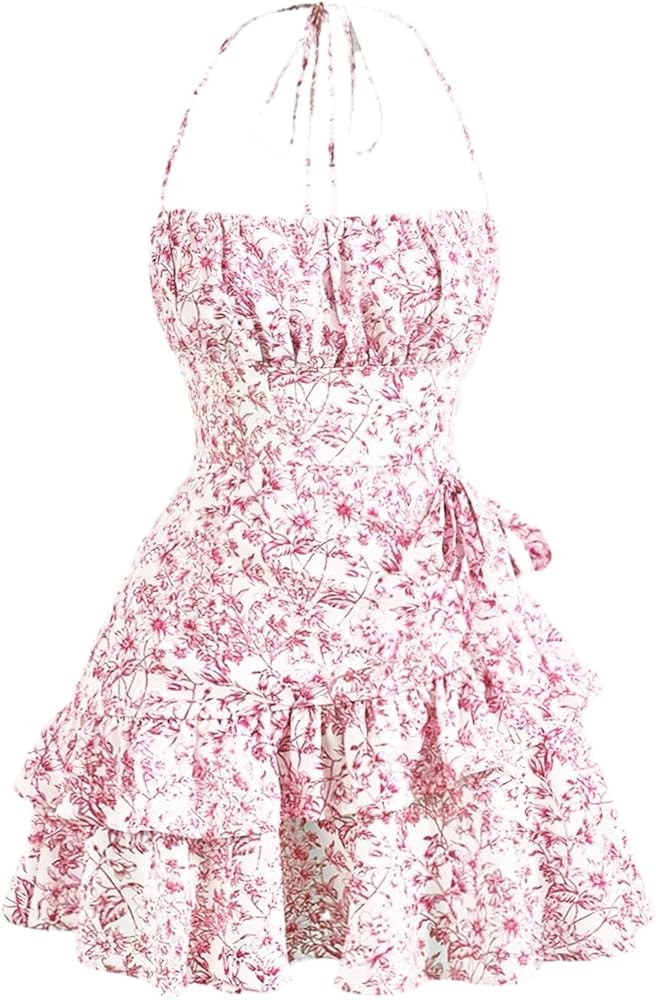 SOLY HUX Women's Floral Print Halter Tie Back Dress Ruffle Trim Flowy Casual Short Dresses | Amazon (US)