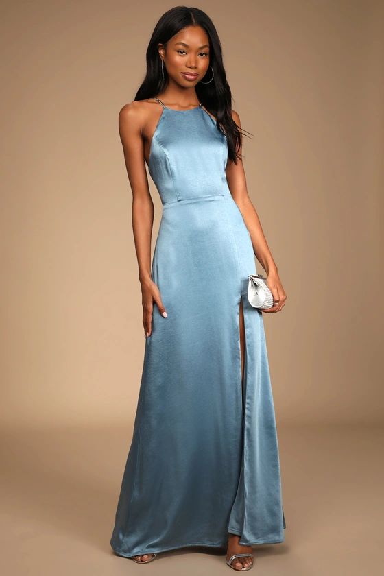 Make It Elegant Slate Blue Satin Strappy Maxi Dress | Lulus (US)