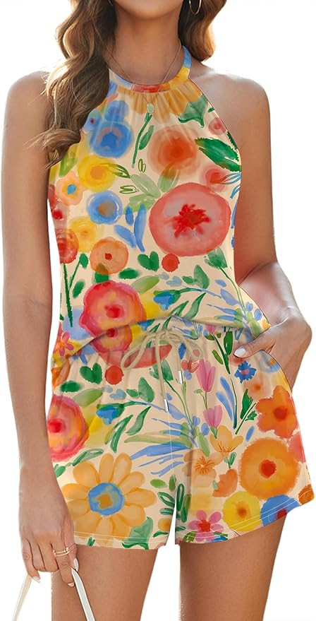 LOMON Women Summer 2 Piece Sets Casual Shorts Outfits Halter Neck Sleeveless Clothes Vacation Bea... | Amazon (US)