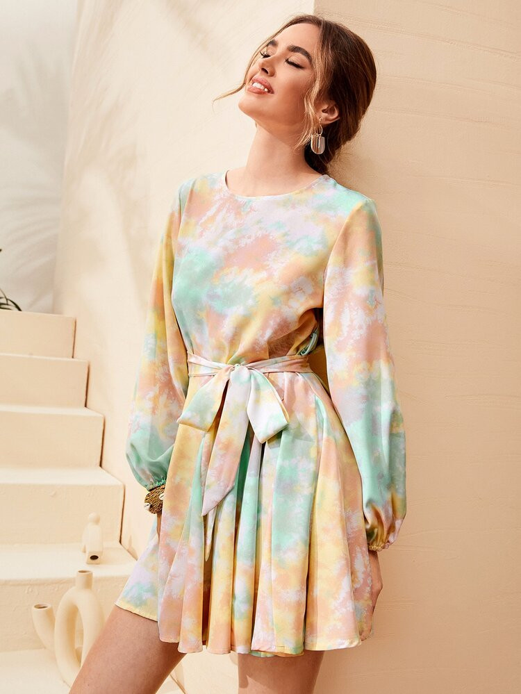 SHEIN Tie Dye Lantern Sleeve Belted Dress | SHEIN