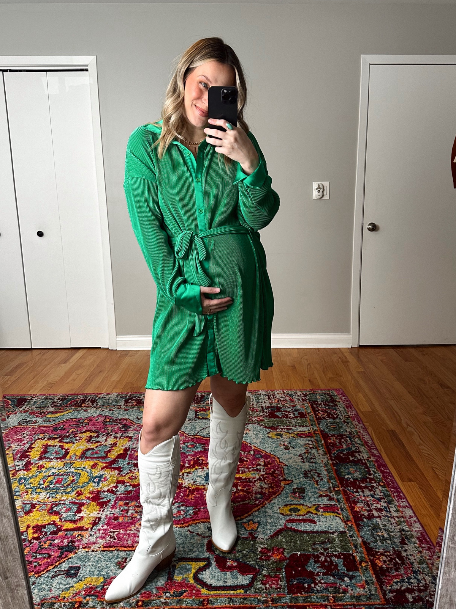 St Patrick’s day outfit idea / dress is not maternity but fits great over a bump #boots #springoutfit #dress #maternity 

#LTKfindsunder50 #LTKshoecrush #LTKbump
