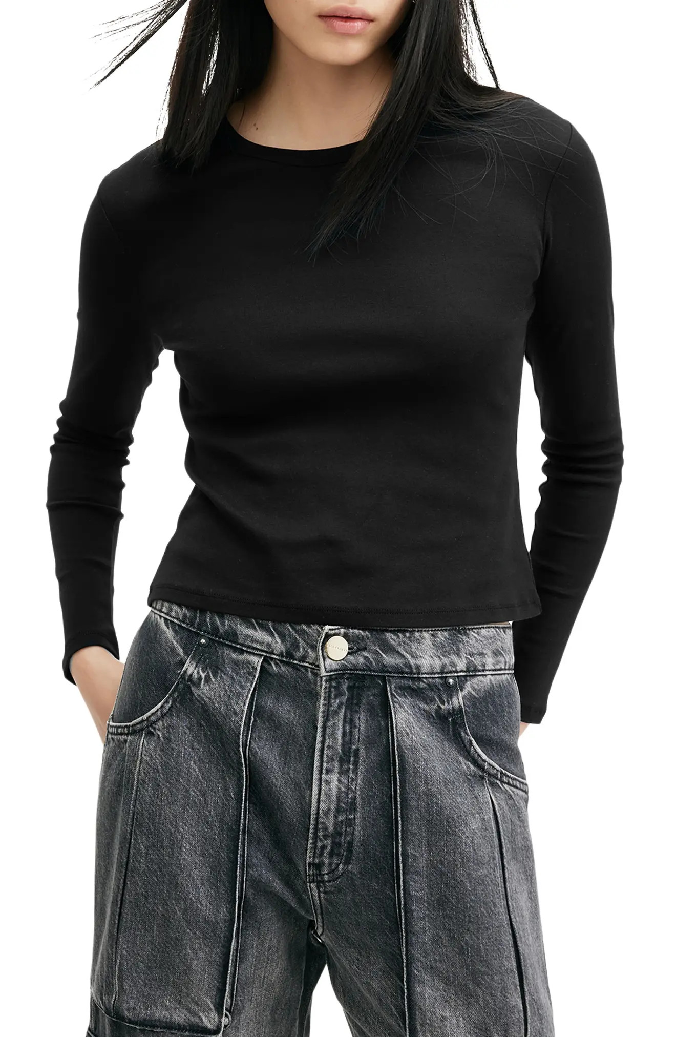 AllSaints Stevie Long Sleeve Organic Cotton T-Shirt in Black at Nordstrom, Size X-Small | Nordstrom