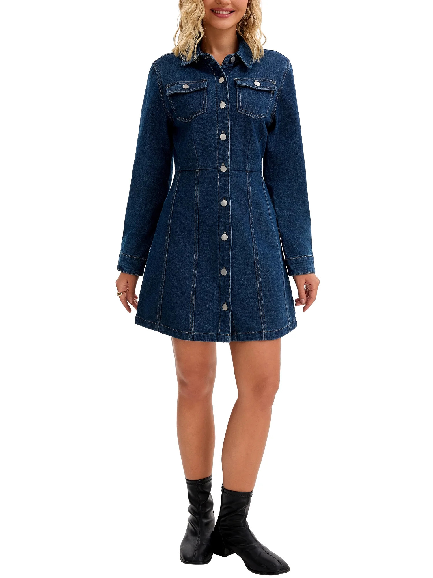INSPIRE CHIC Women's Jean Dresses Button Up Collar Long Sleeve Pockets A Line Knee Length Denim D... | Walmart (US)