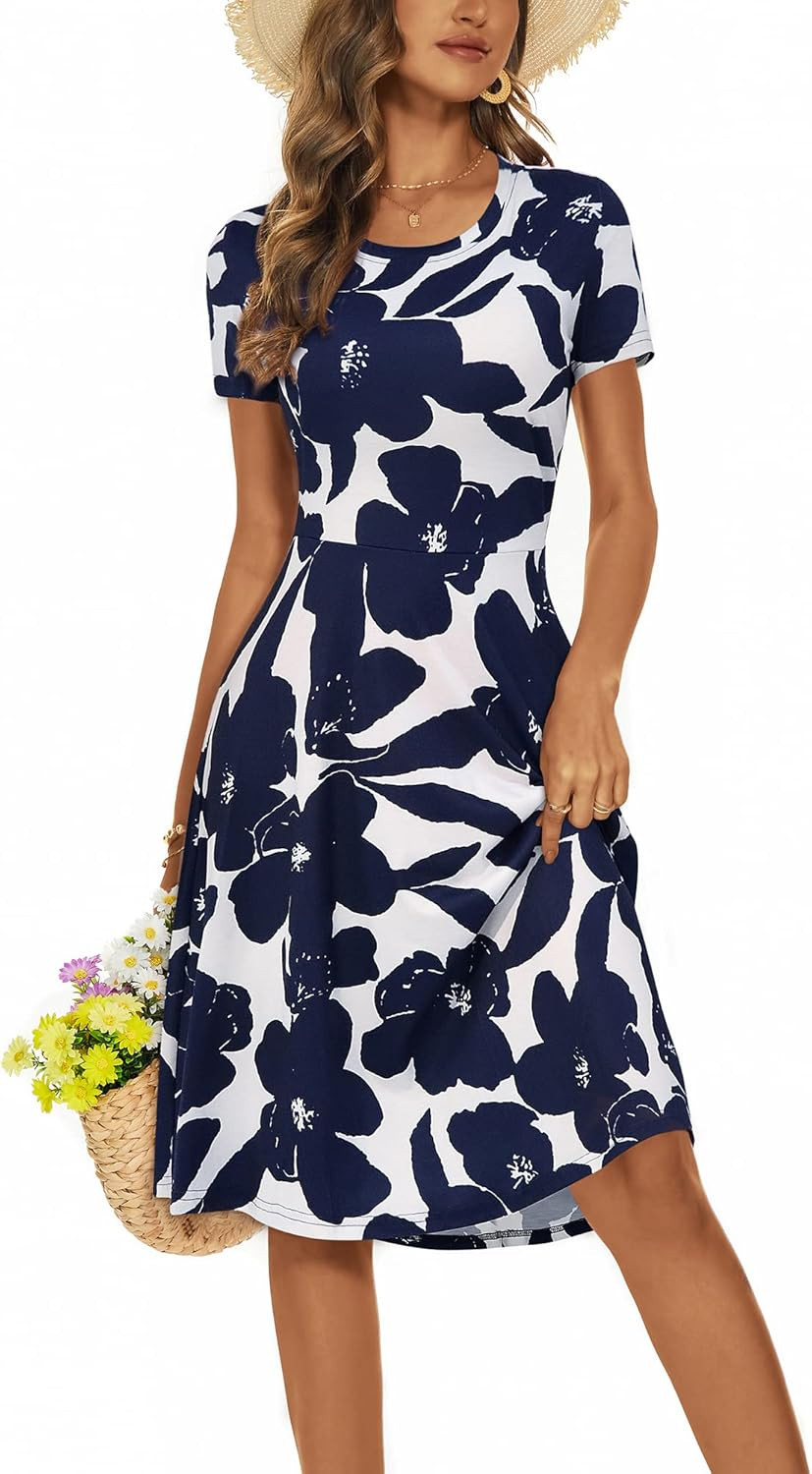 HUHOT Sundresses for Women Casual Summer Short Sleeve Round Neck Floral Skater Dress with Pockets | Amazon (US)