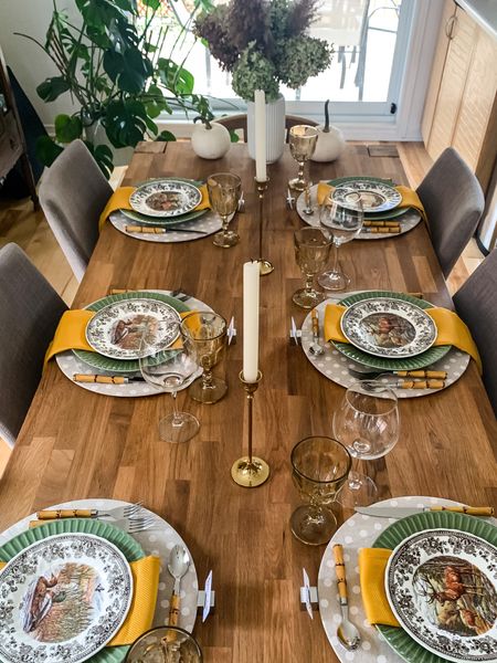 Mixing modern and vintage this Thanksgiving: vintage salad plates and green plates along with a touch of brass and natural pumpkins, which can be replaced by faux ones. 


#LTKHoliday #LTKhome #LTKstyletip