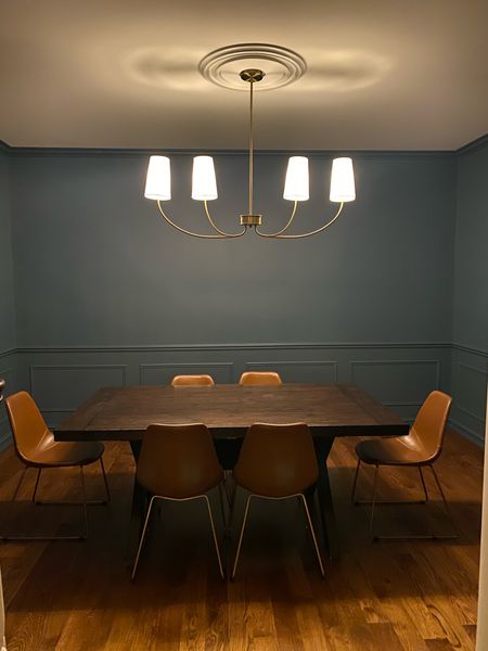 Dining room light 
Chandelier 
Dining room design 
Leather dining chairs 
Shaded chandelier 

#LTKStyleTip #LTKHome #LTKFamily