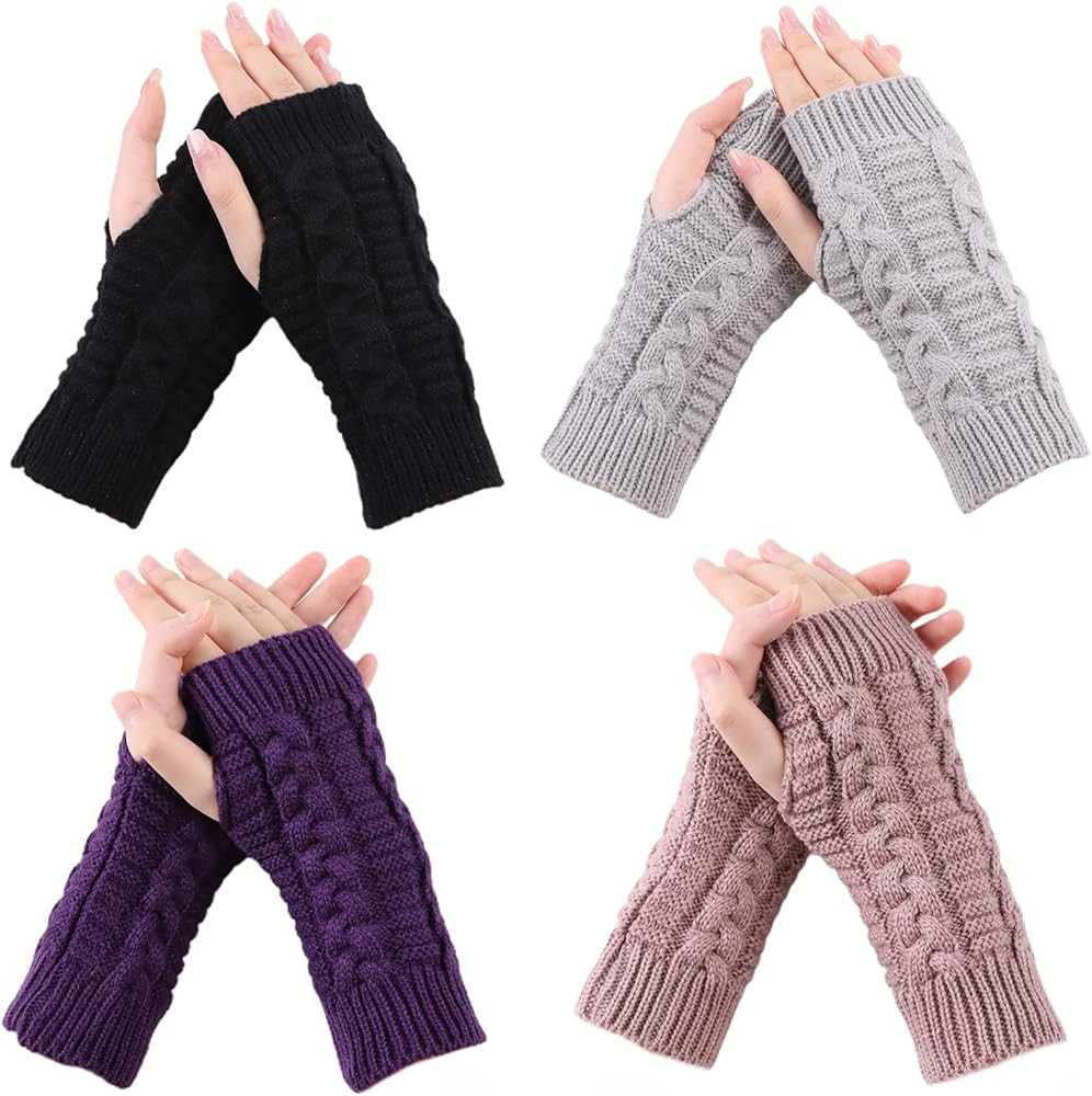 4 Pairs Knitted Fingerless Gloves for Women Winter Thumbhole Wrist Warmer Men Crochet Arm Warmers... | Amazon (US)