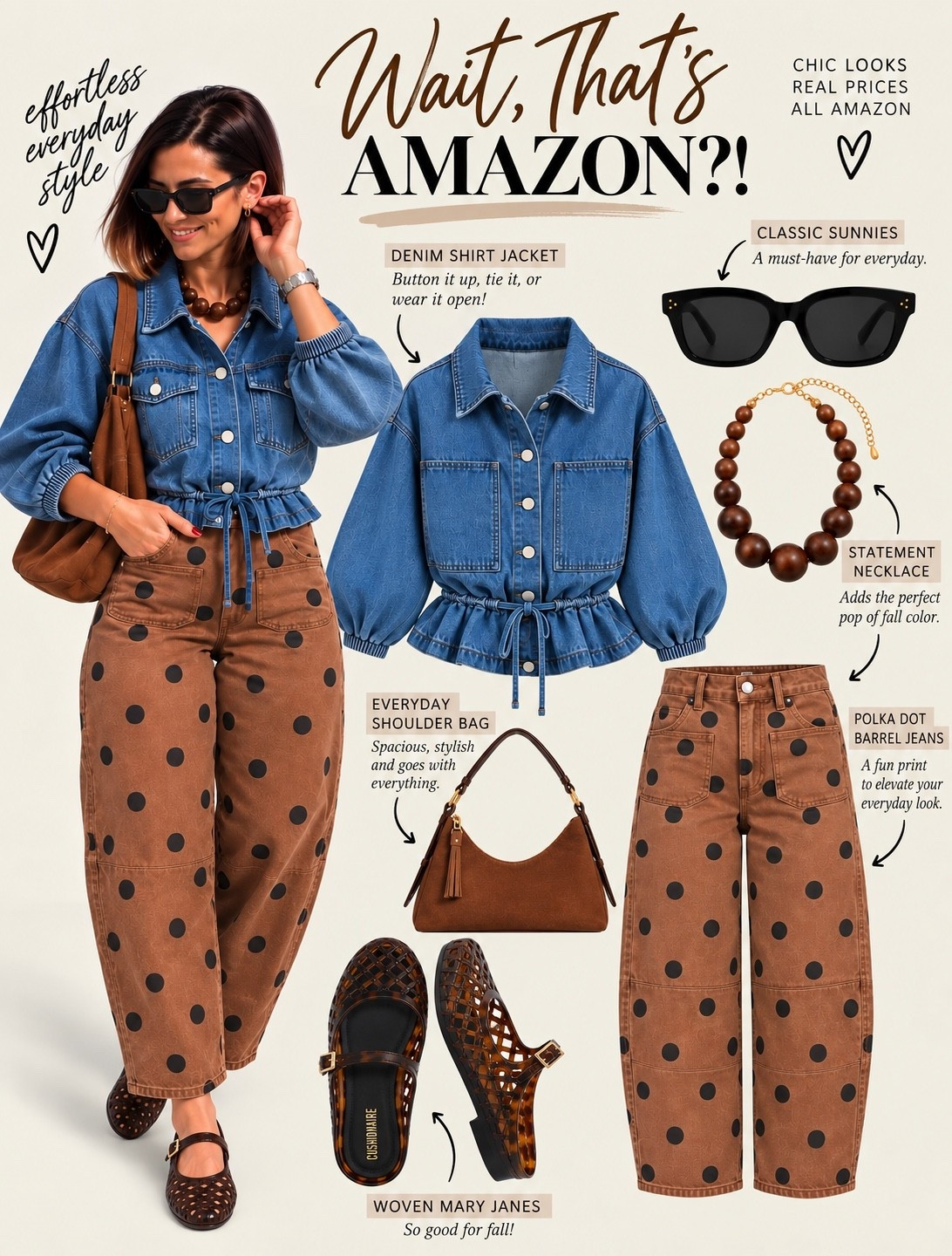 Wait… that whole outfit is AMAZON?! 👀🤎

The denim top. The polka dot barrel jeans. The woven Mary Janes. All Amazon — and honestly, this combo looks way more boutique than I expected.

I’m loving the mix of denim + chocolate brown + a fun print for fall. It feels a little unexpected but still totally wearable.

#amazonfashion #amazonfinds #amazonstyle #founditonamazon #falloutfit #fallstyle #over40style #momstyle

#LTKmomlife #LTKOver40 #LTKSaleAlert