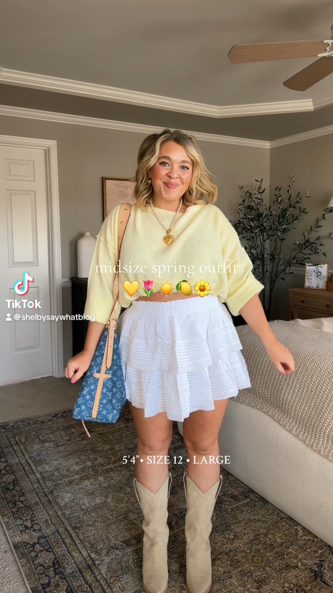 Midsize spring OOTD. Skirt size large, sweater size large (runs big) I’m wearing mine with a crop tuck. Boots run TTS. Worth the splurge. 

#LTKSeasonal #LTKVideo #LTKmidsize