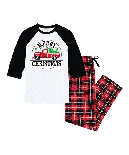 White &amp; Red Plaid &apos;Merry Christmas&apos; Truck Pajama Set - Men | Zulily
