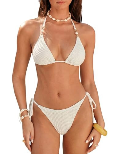ZAFUL Womens Halter Triangle Cute Bikini Set Textured 2 Piece Swimsuit Tie Back Side Bottom Sexy Swimwear Summer Bathing Suit (A01 White, M) | Amazon (US)