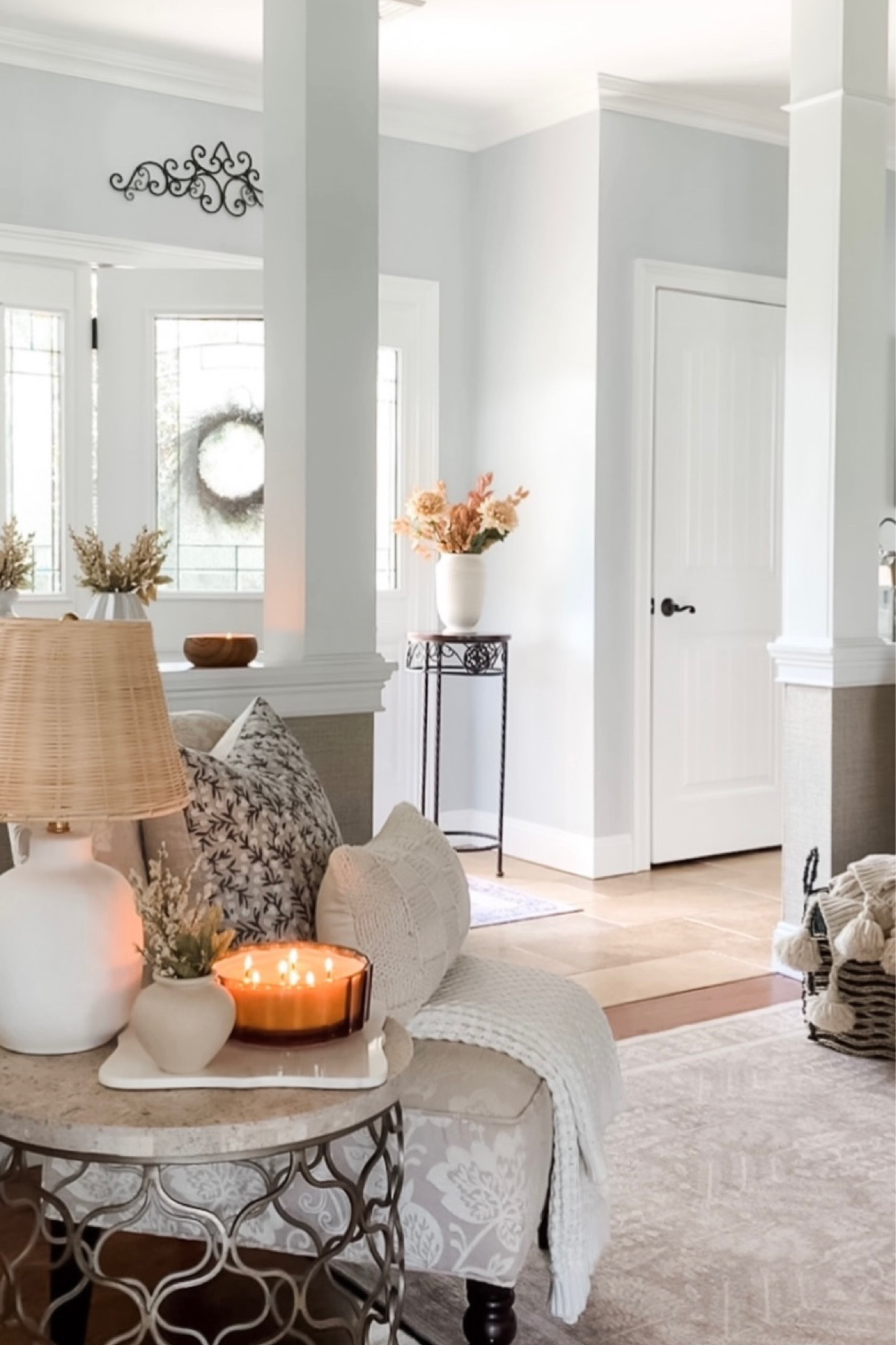 Fall entryway styling. Pretty Amber candle, fall florals, vase for fresh flowers or faux florals, blue and white, neutral throw pillows, white, off white cozy throw blanket, cozy tassel throw blanket, black rattan basket, rattan ceramic lamp, plant stand. Target, Rugs Direct, Williams Sonoma, Walmart home, Krinto, work Market. Fall decor, neutral fall home, home decor accessories. Classic, modern farmhouse, traditional, modern traditional, transitional home style.  


#LTKunder50 #LTKSeasonal #LTKhome