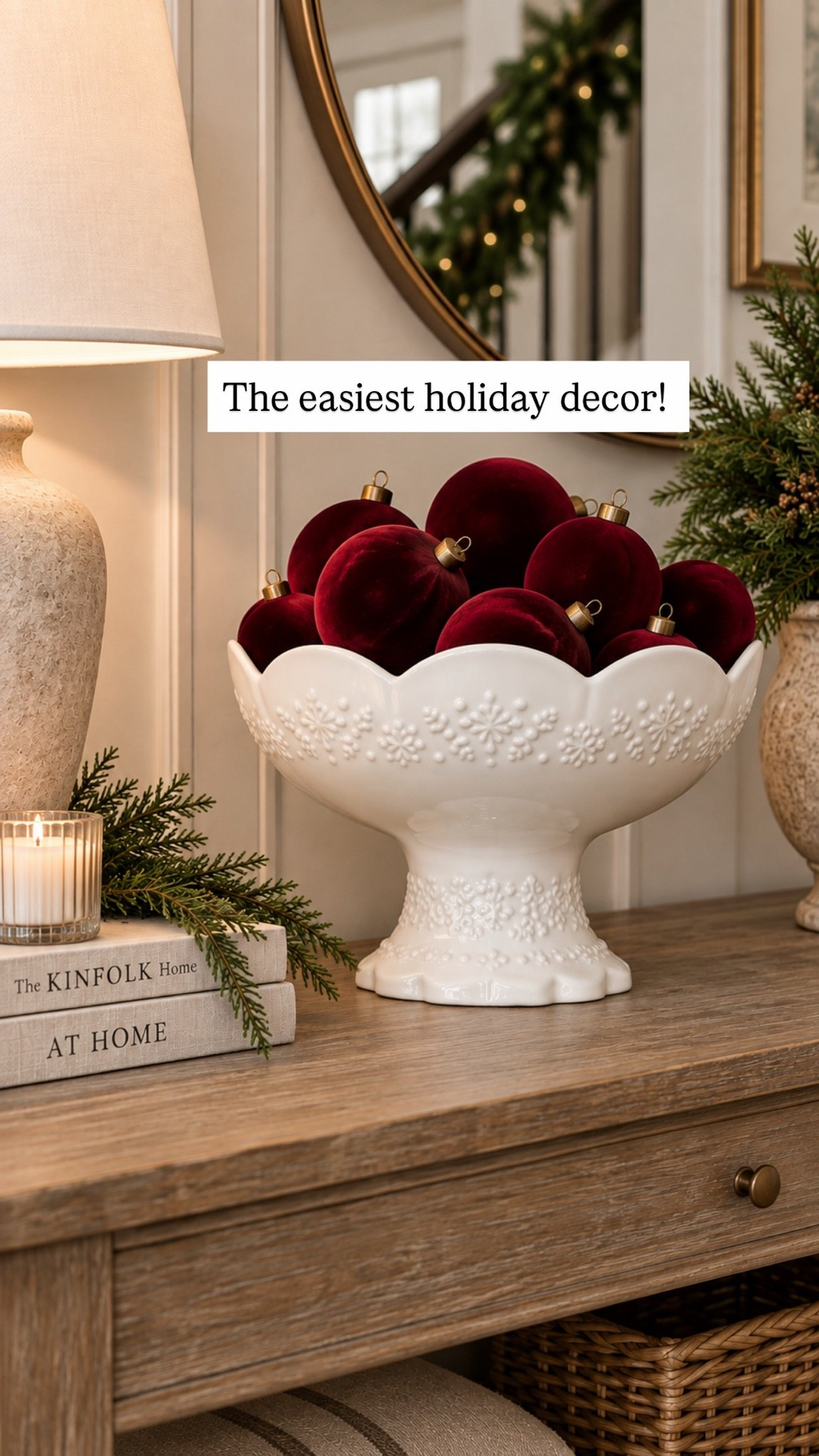 A little Christmas magic for the console table ❤️🎄 These deep red velvet ornaments in this gorgeous white pedestal bowl are such an easy way to make a space feel festive without adding a ton of clutter. I love how the burgundy + white combo feels classic, cozy, and a little bit elegant.

✨ Bowl + ornaments linked in my LTK!

#LTKSeasonal #LTKHome